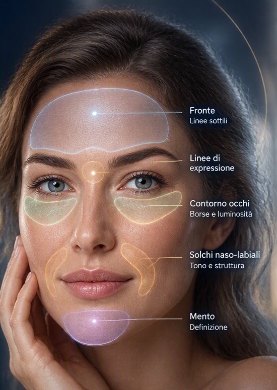 Volto con le aree analizzate da Zelidra: fronte, linee di espressione, contorno occhi, solchi naso-labiali e mento